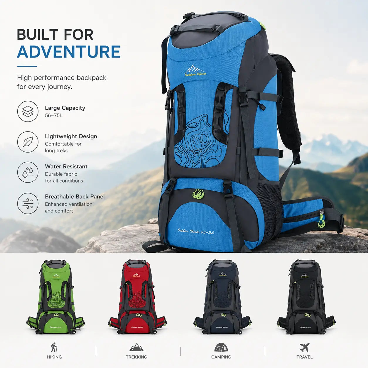 Waterproof Hiking Backpack 55-75L | Outdoor Camping & Mountaineering